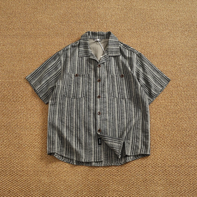 Retro high street lapel short-sleeved shirt men's cotton and linen blend dark pattern jacquard loose trendy summer shirt