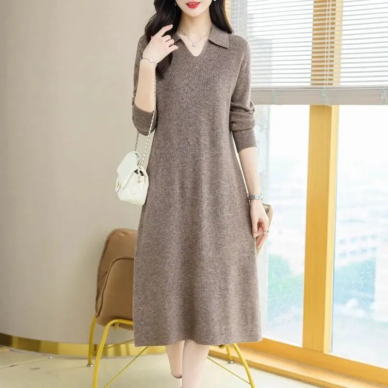 Autumn Winter Fashion Long Sleeve Turn-down Collar Solid Dresses Women\'s Clothing Waist Retraction French Style Knitting Dresses