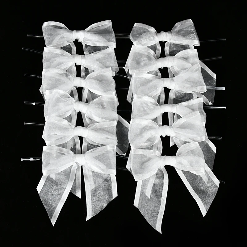 5/10/20pcs White Pre-Tied Organza Bows With Twist Ties Satin Ribbon Bows For Wedding Party Birthday Gift Candy Wrapping