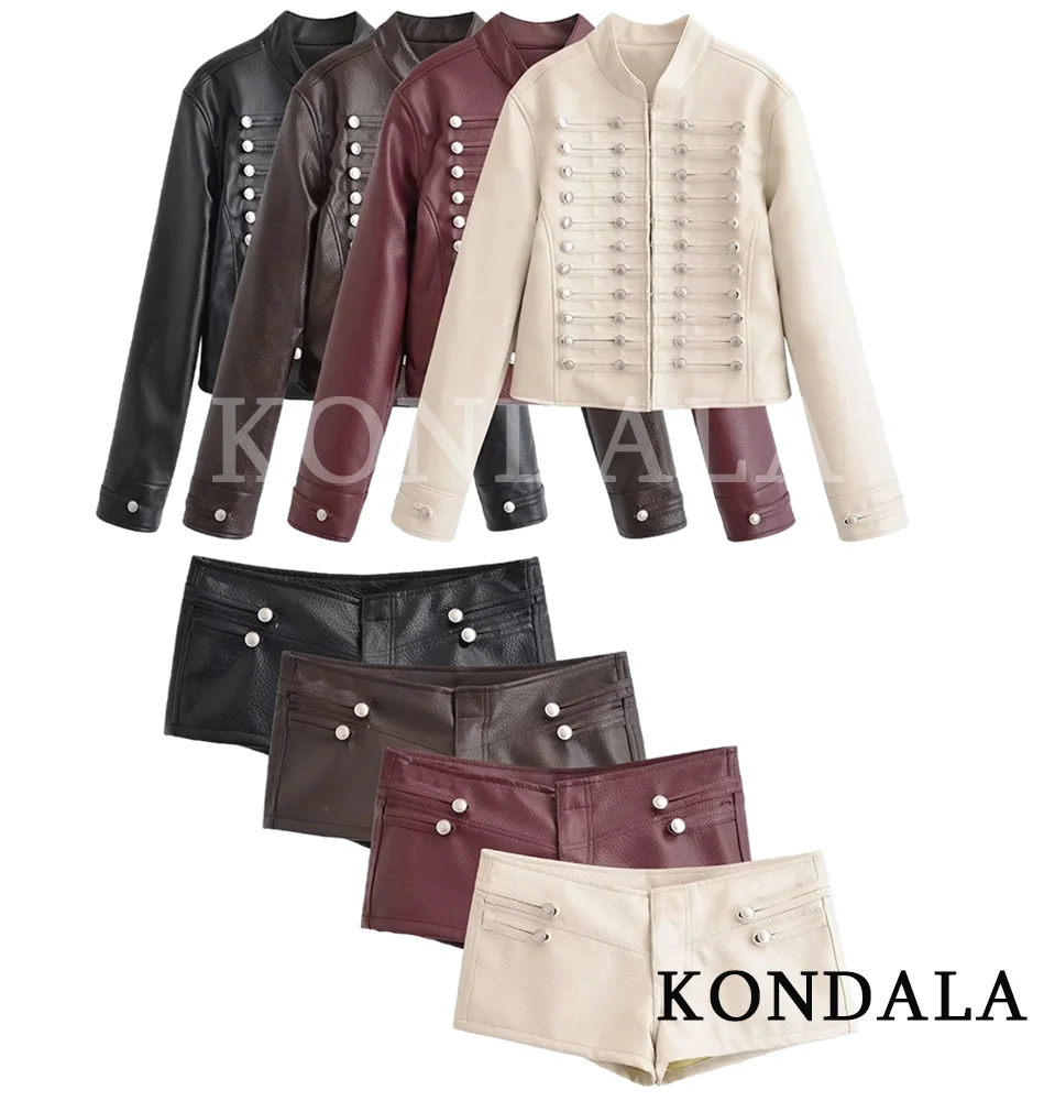 KONDALA Women Motorcycle Style PU Leather Shorts Set 2026 Trendy High Street Set Vintage Cool Buttons Trim Jacket, Mini Shorts