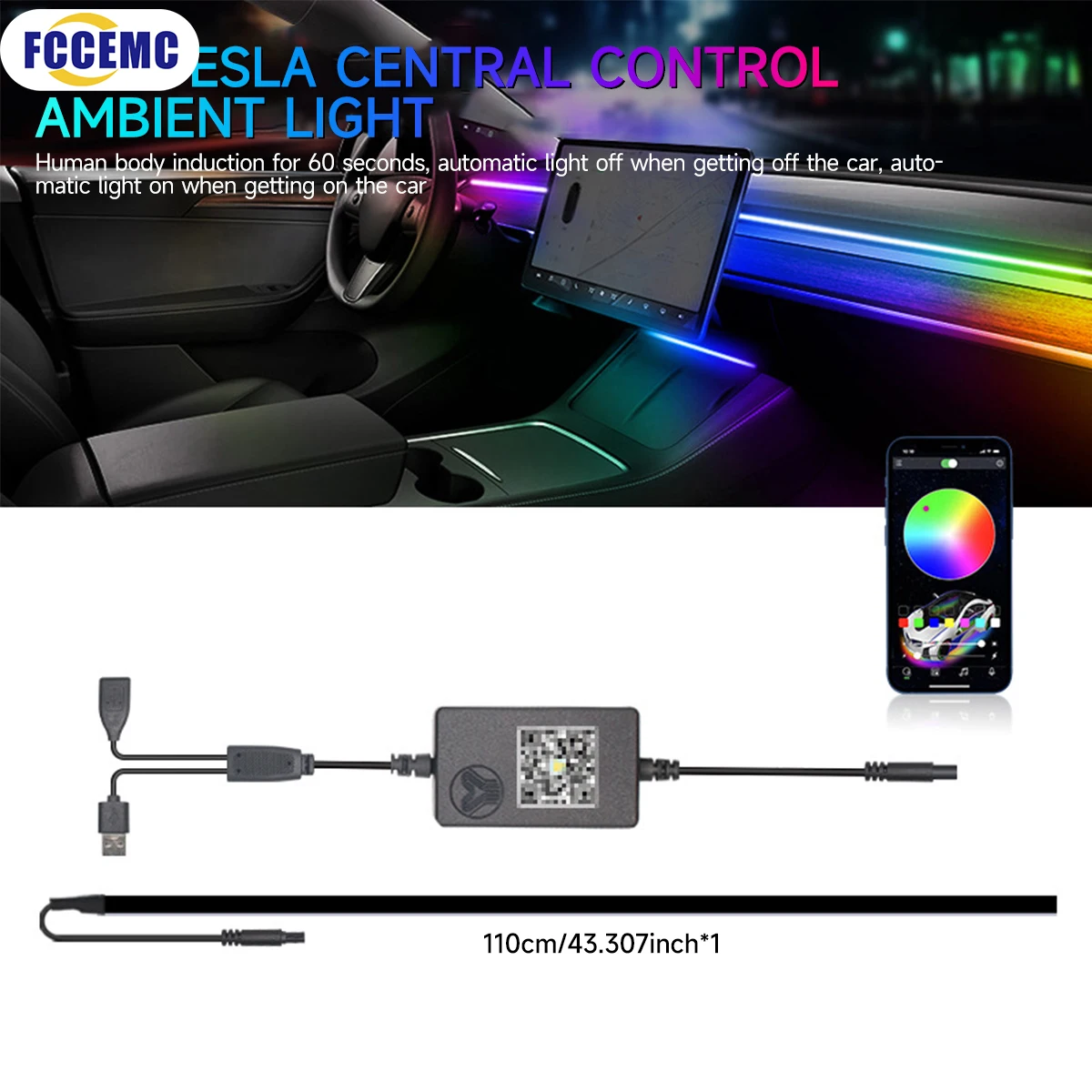 For Tesla Model 3 Y Center Console Dashboard Wireless Charging RGB Neon LED Light Strip Musical Rhythm USB Power APP Control