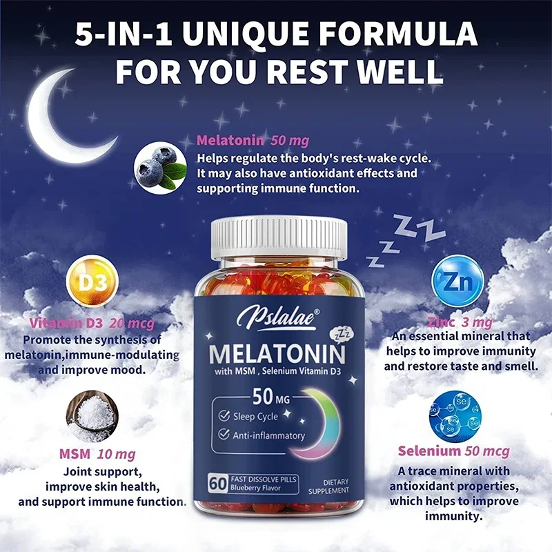 Gomitas de melatonina de 50 mg, melatonina de fuerza Extra con MSM, Selenium y vitamina D3, veganas, no transgénicas, sin necesidad de glúteos