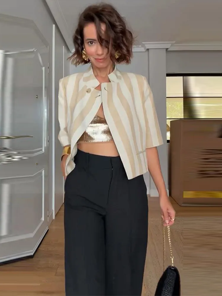 Kurzärmeliger Gestreifter Cropped-Anzugblazer für Damen, Eleganter Stehkragen, Einreihig mit Seitlicher Knopfleiste, Lockerer Mantel, Schicker Damen-Pendler-Oberteil – Detail 11