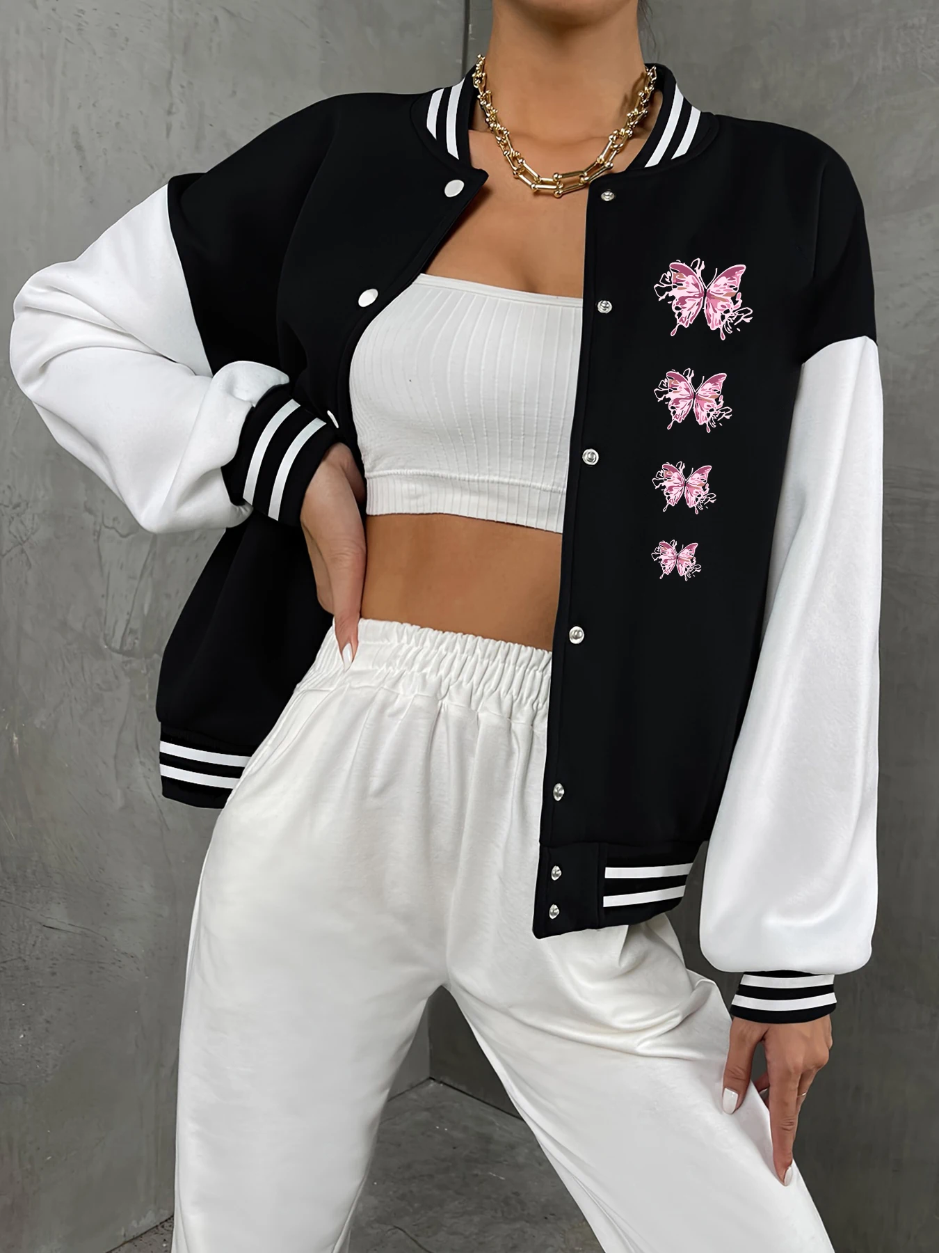 

Розовая градиентная куртка-бомбер с граффити-бабочками для женщин, уличная одежда в стиле хип-хоп, повседневная флисовая куртка, теплая зимняя спортивная одежда