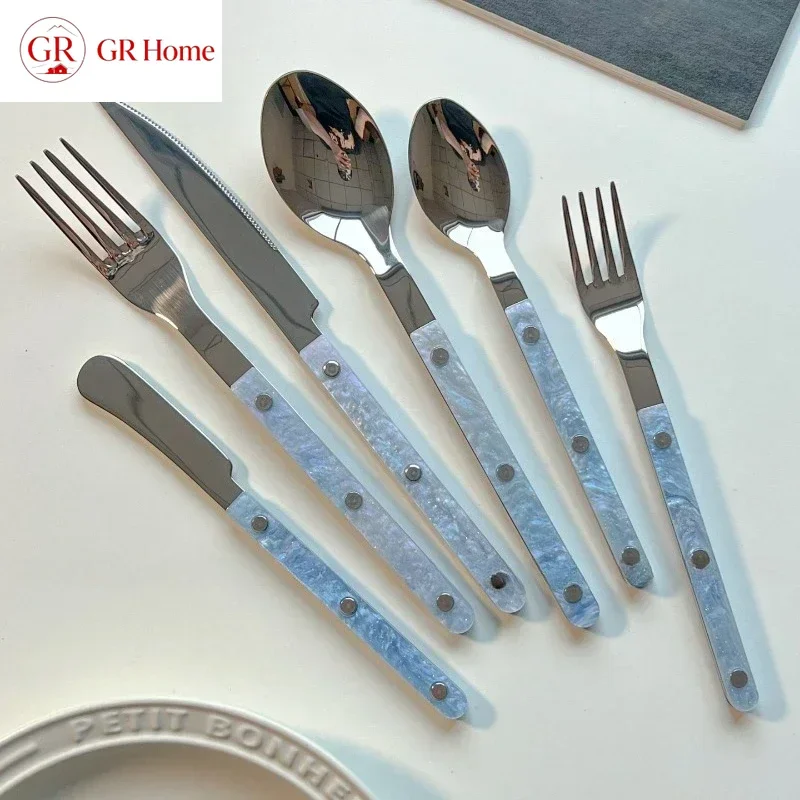 Korean Blue Seashell Cutlery Set,Aesthetic Stainless Steel Knife Fork Spoon for Steak Dessert,Coastal Style Tableware &Gift Idea