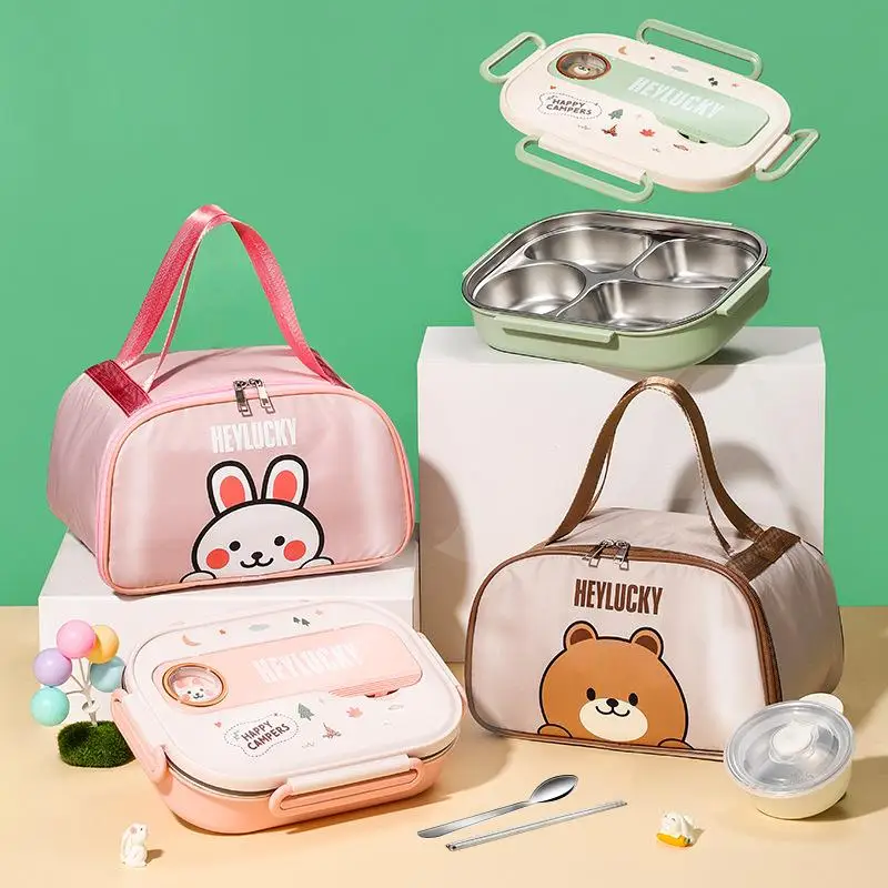 

Stainless Steel Insulated Lunch Box Children's Meal Student Tray Cartoon Partition Bento Box Tray Microwave Heating