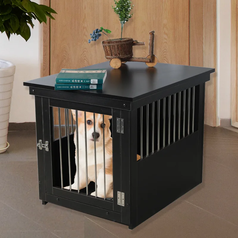 Wood Stainless Steel Dog Cage Medium Small Dog with Toilet Separation Indoor Household Teddy Shiba Dog Pet Cage