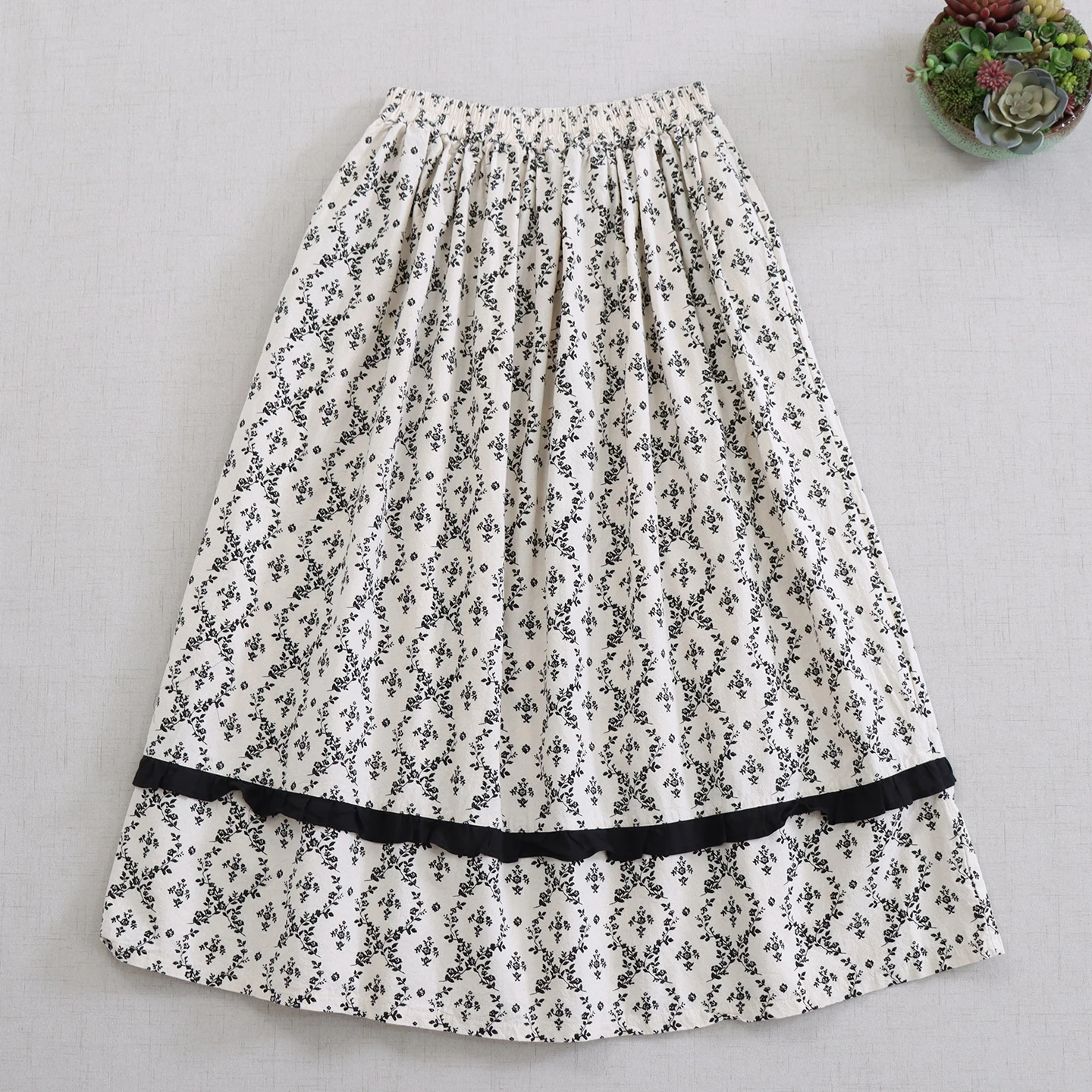 Japanese Mori Girl Vintage Floral Printed Cotton Skirts Women Spring Summer Elastic Waist Casual Loose A-Line Pleated Midi Skirt