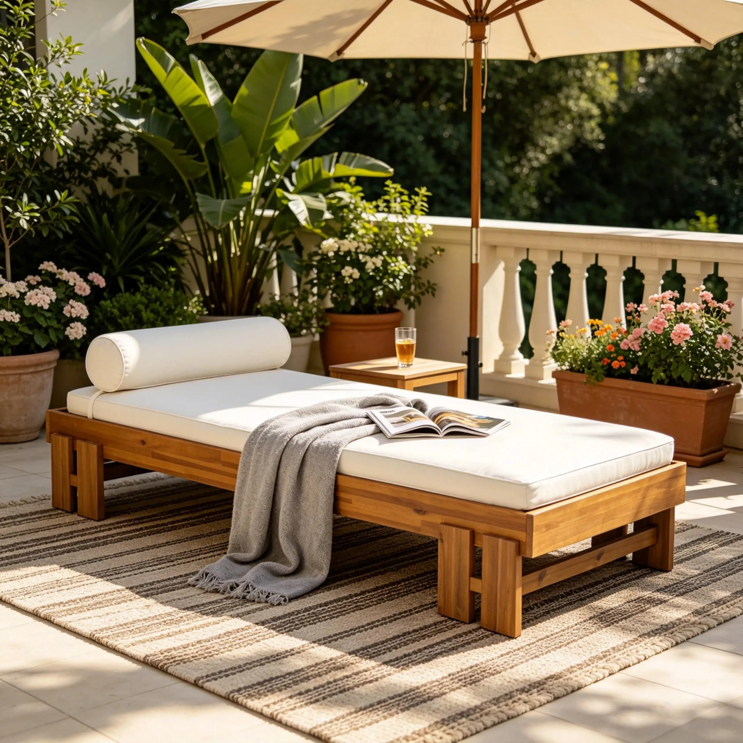 Myan Acacia Wood Outdoor Daybed with Cushion & Pillow, Patio Sofa Couch For Poolside Backyard, Patio Garden Lounge Sofa