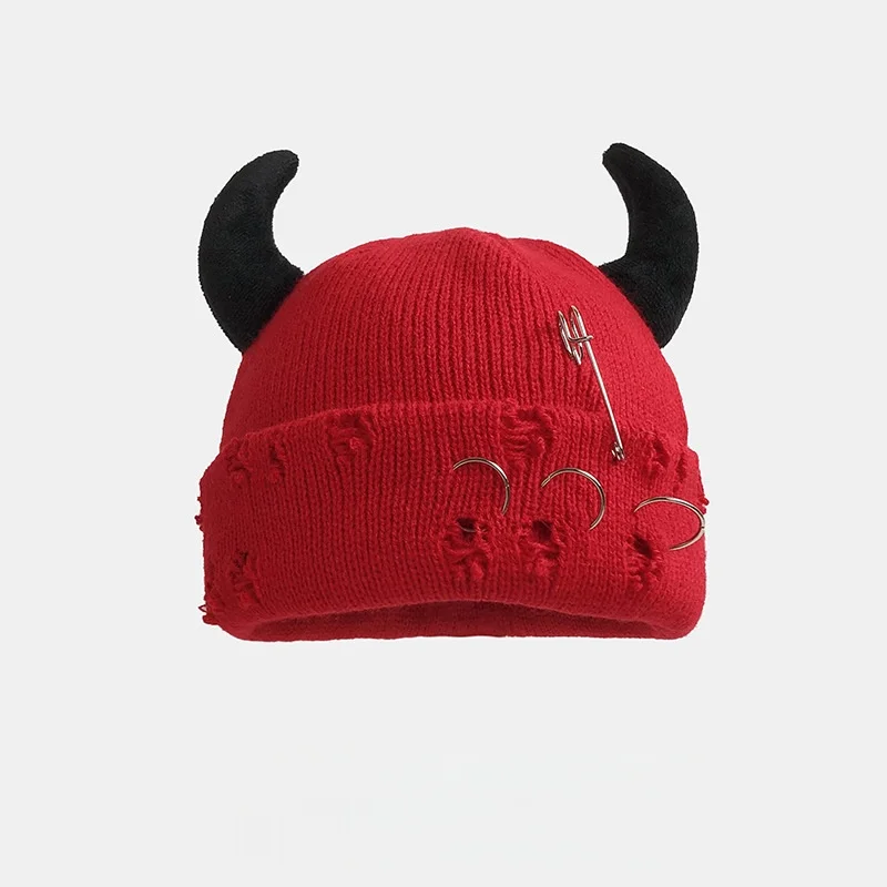 Neue Unisex Strickmütze mit Teufelshörnern Halloween Distressed Skull Cap Hip Hop Winter Warme Garnmütze für Männer Frauen – Detail 9