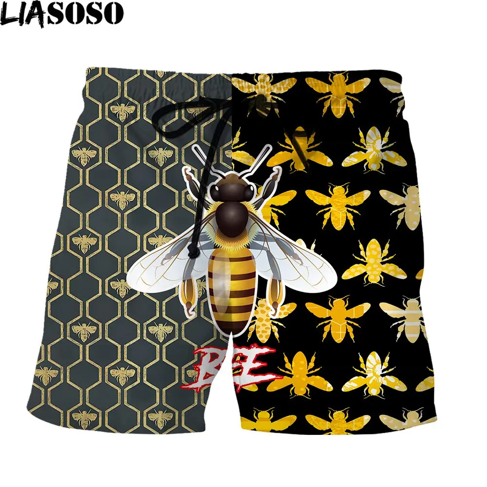 LIASOSO 3D Print Men's Shorts Stitching Design Yellow Bee Hive Cartoon Head Beach Vacation Surf Trend All-match Sport Short Pant