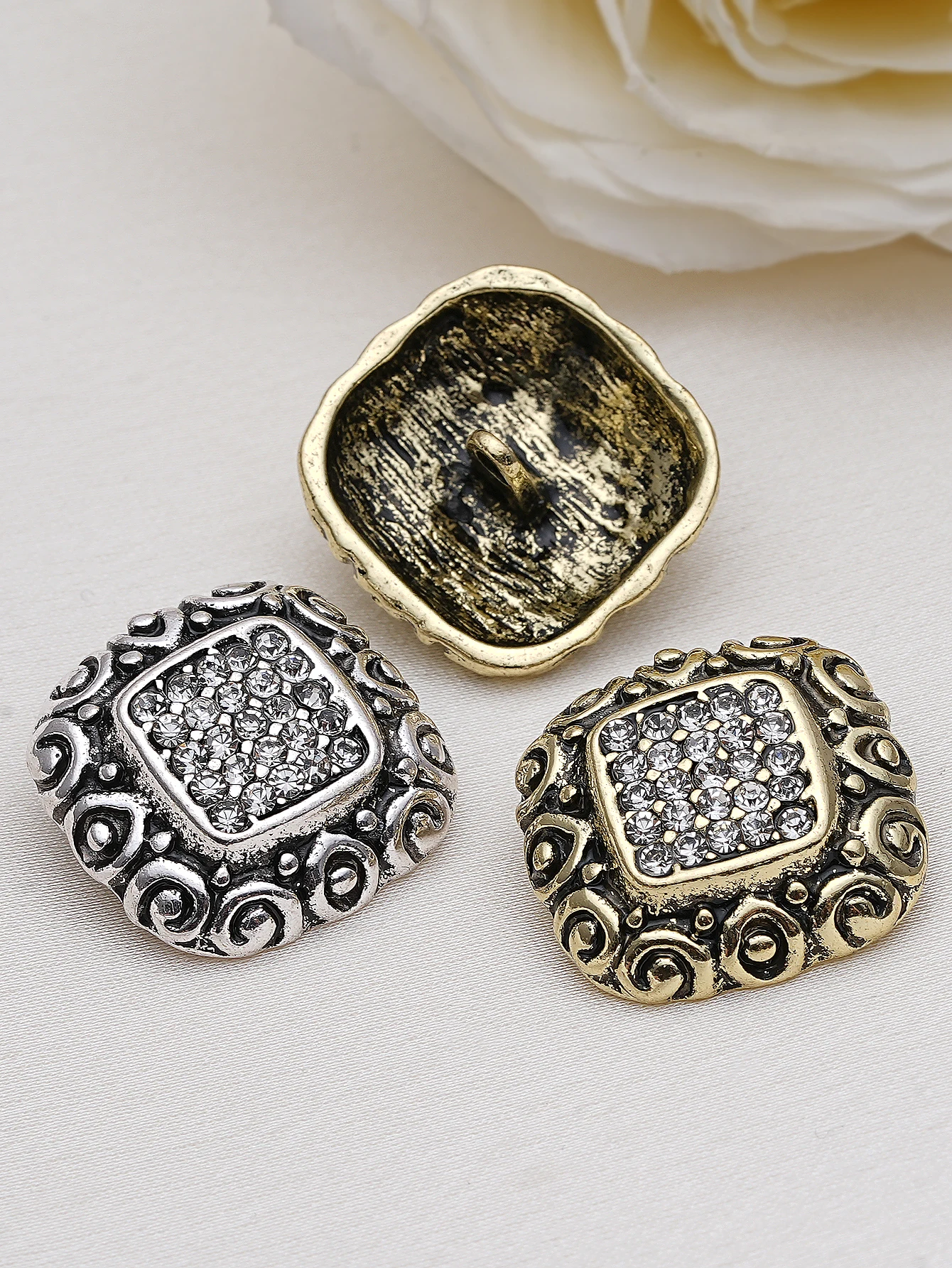 

5Pcs/10PCS Vintage Rhinestone Square Metal Buttons, Antique Gold/Silver Decorative Shank Buttons for Coats, Blazers