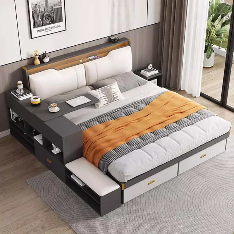 Nordic Multifonction Bed Queen Size Esthetische Moderne Luxe Bed Hout Opslag Cama De Lujo Para Dormitorio Slaapkamermeubilair