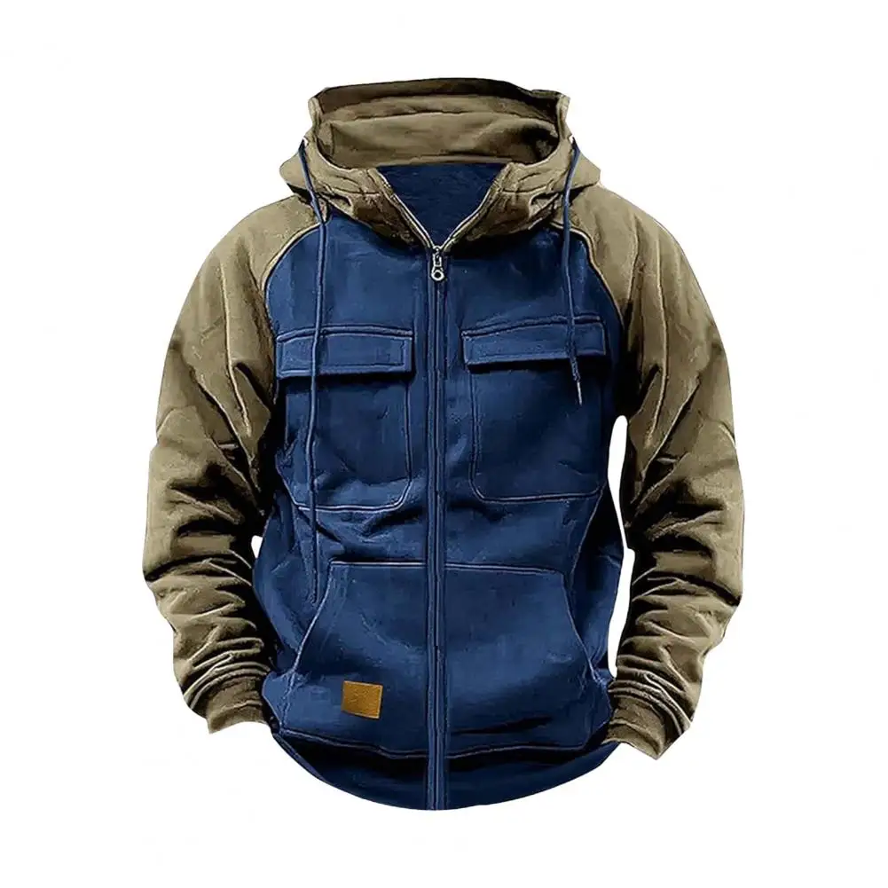 2024 Retro Cargo Hoodies Men\'s Half Zipper Solid Warm Fleece Sweatshirts Multi Pockets Male Hooded Jackets Thick Outdoor Hooded