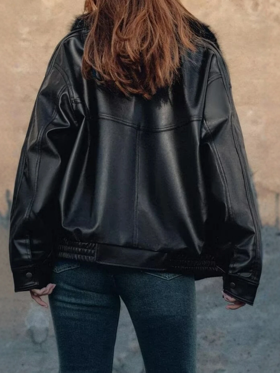 Detachable Fake Fur Collar Leather Jacket Yellow Stone Dad Style American Retro Women's Short Outerwear Commute Style Loose Fit view 3