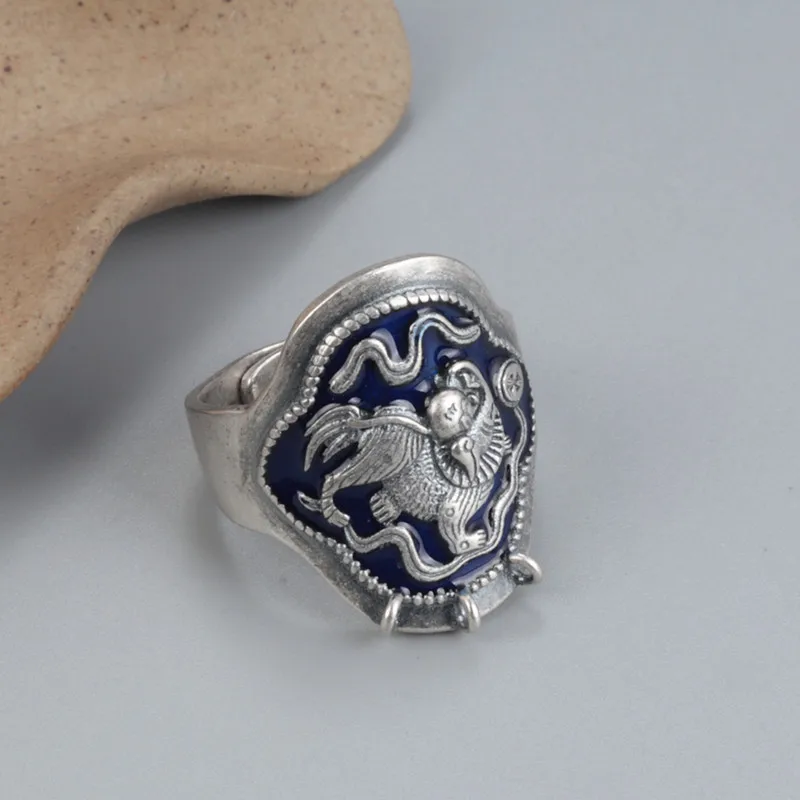 S925 sterling silver wide-faced lion burnt blue drop glue craft ring female retro ethnic style can be hung pendant tassel ring