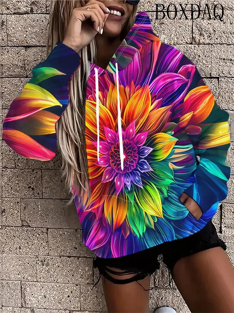 Colorful Vortex Spiral Stripe Pattern Women's Hoodies Tie dye Printed Hippie Long Sleeved Pocket Autumn/Winter Sweatshirt Coat