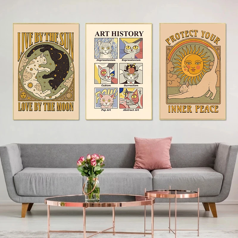 Cat Vintage Poster Tarot Cute Sun Moon Art Poster Canvas Print Wall Decoration For Living Room