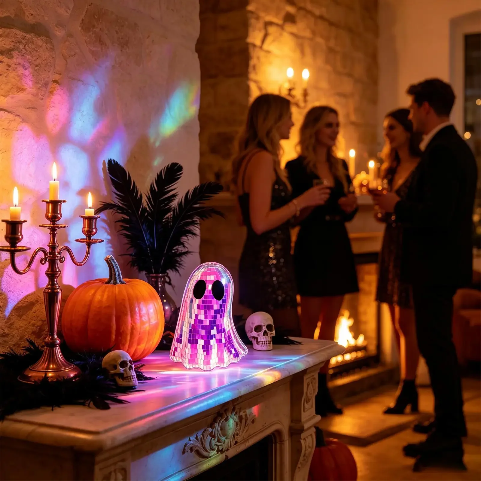 Halloween Figurines Ghost Statue Funny Disco Iridescent Anti-Tip Table Centerpieces Glitter Ghost For Home Shelf Fireplace Desk