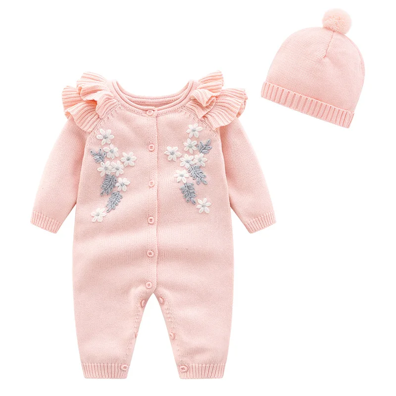 Newborn Baby Girl Knitting Jumpsuit+Hat Flower Embroidery Toddler Baby Girl Romper Spring Autumn Children Knitting Clothes