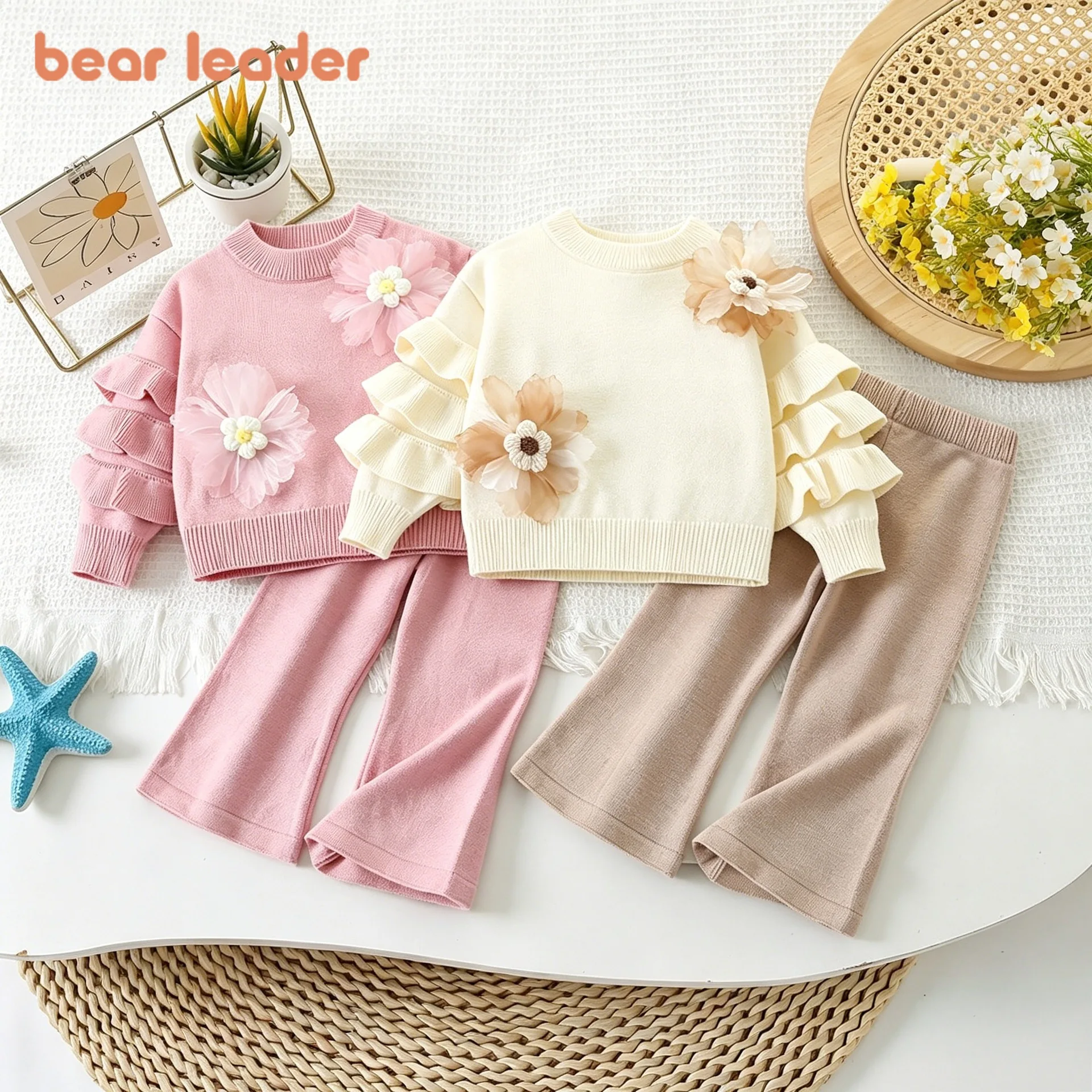 Bear Leader Korean Version Flower Sweater for Girls' Clothing Splicing Long Sleeved Knitted Round Neck Top+Micro Flared Pants