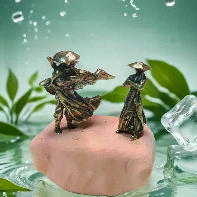 1pc Vintage Home Ornament Collection Of Tea Pet Brass Carving Handholds Metal Crafts Old Farmer And Cow Living Room Decor
