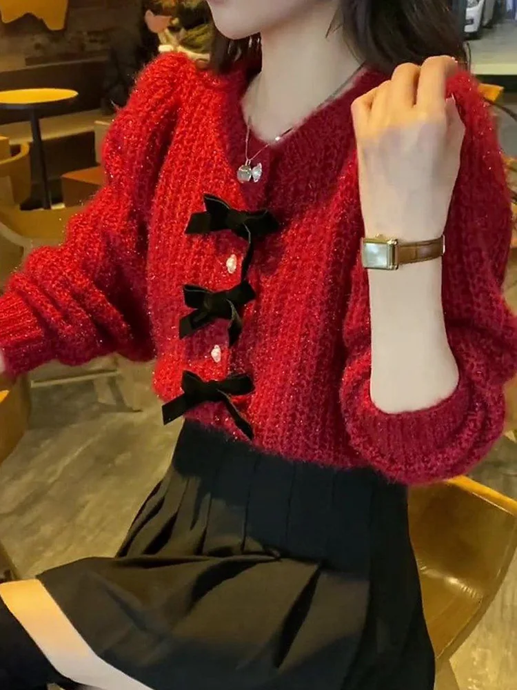 

Bow Sweet Red Cardigan Women Autumn Spring Elegant Buttons Knitted Sweater Korean Fashion Long Sleeve Lady O Neck Retro Tops