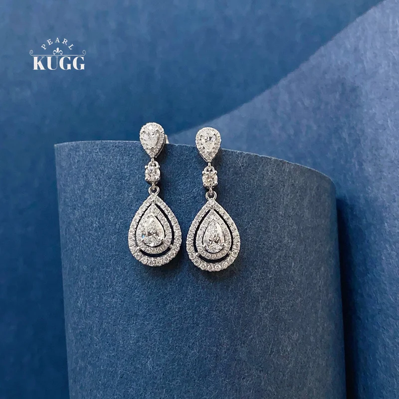 KUGG 100% 18K White Gold Earrings Luxury Water Drop Shape Real Natural Diamond Drop Earrings for Women High Party Jewelry