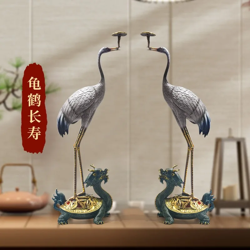 Copper Crane and Tortoise Longevity Decoration Figurine for Living Room Bar Cabinet TV Stand Gift for Birthday Celebration