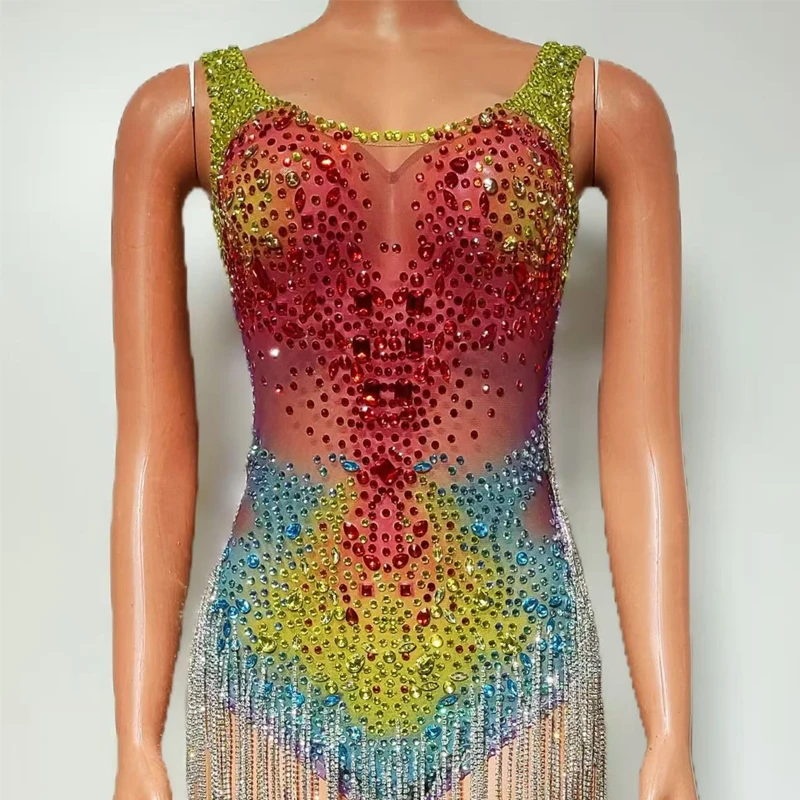 Bunte Strass Fransen Body Frauen Party Jazz Dance Kleidung Bar Dj Ds Party Drag Queen Outfit Gogo Kostüm XS9550