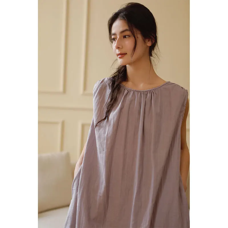 فستان سهرة قابل للتنفس بطبقة مزدوجة من القطن الشاش فستان منزلي نسائي صيفي بدون أكمام بلون سادة ملابس نوم طويلة غير رسمية