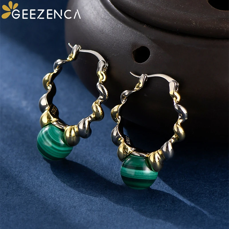 GEEZENCA Natural Malachite 925 Sterling Silver Dangle Earrings Women Dichroic Plating Spiral Twisted Chic Earring 2023 New Gift