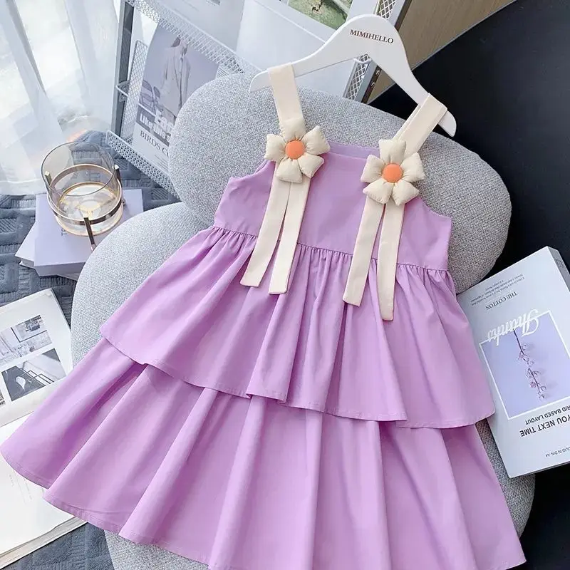 2023 Summer 2-10 Years Old Children Birthday Wedding Solid Color Flower Decoration Princess Sleeveless Kids Big Girl Party Dress