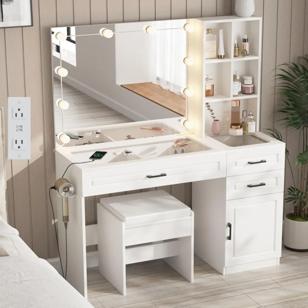 

Vanity Desk with Mirror and Lights, Large Makeup Vanity with Glass Top and Lots Storage,3 Drawer Vanity Set, Customized