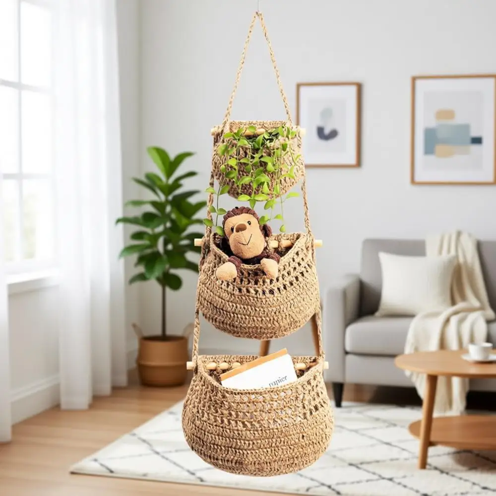 

Трехуровневая плетеная корзина из джута для хранения и организации вещей на кухне, в спальне и ванной комнате