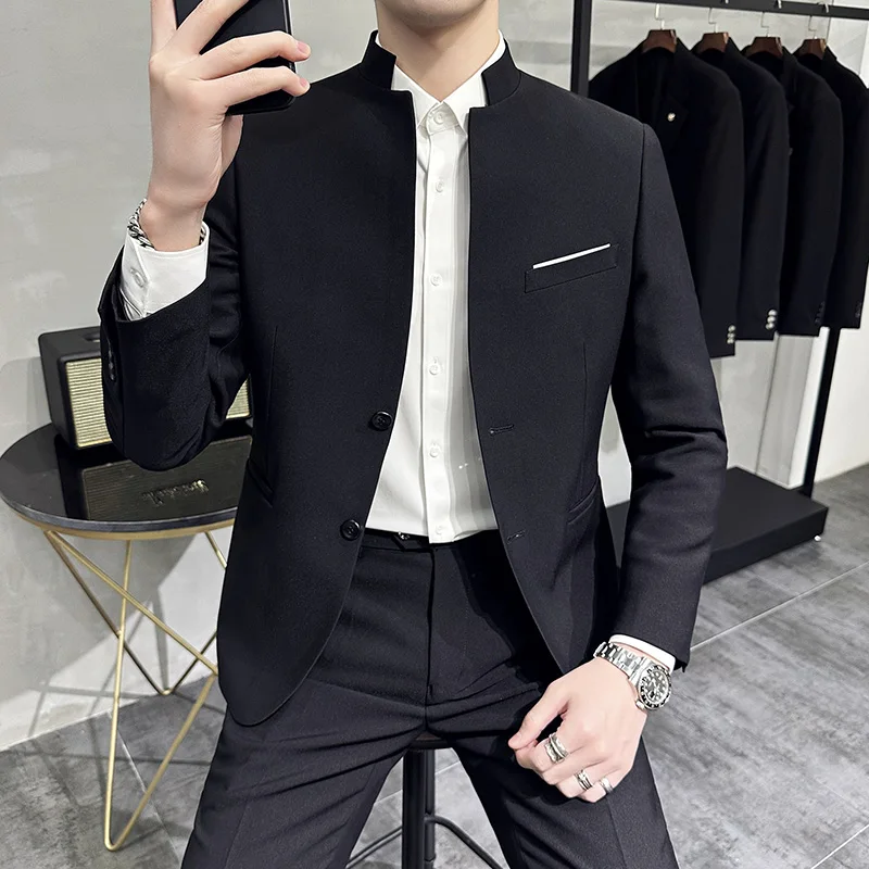

High Quality Stand Collar Suit Men 2 Pieces Business Formal Casual Suits Solid Color Office Party Wedding Groom Blazer Trousers