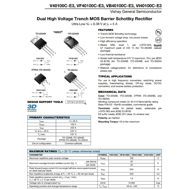 2PCS VB40100C-E3/8W Code VB40100C TO-263 Dual High Voltage Trench MOS Barrier Schottky Rectifier Diode