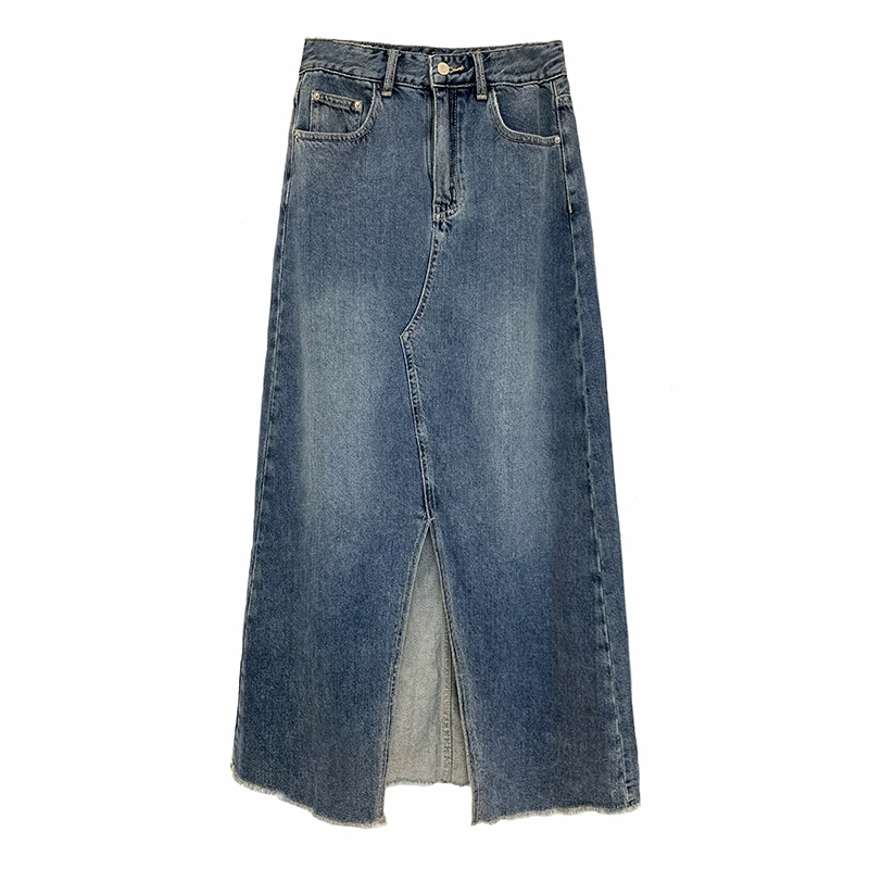 

Джинсовая юбка миди А-силуэта с высокой талией для женщин, винтажный дизайн с разрезом, повседневная, из смесового хлопка, летняя коллекция