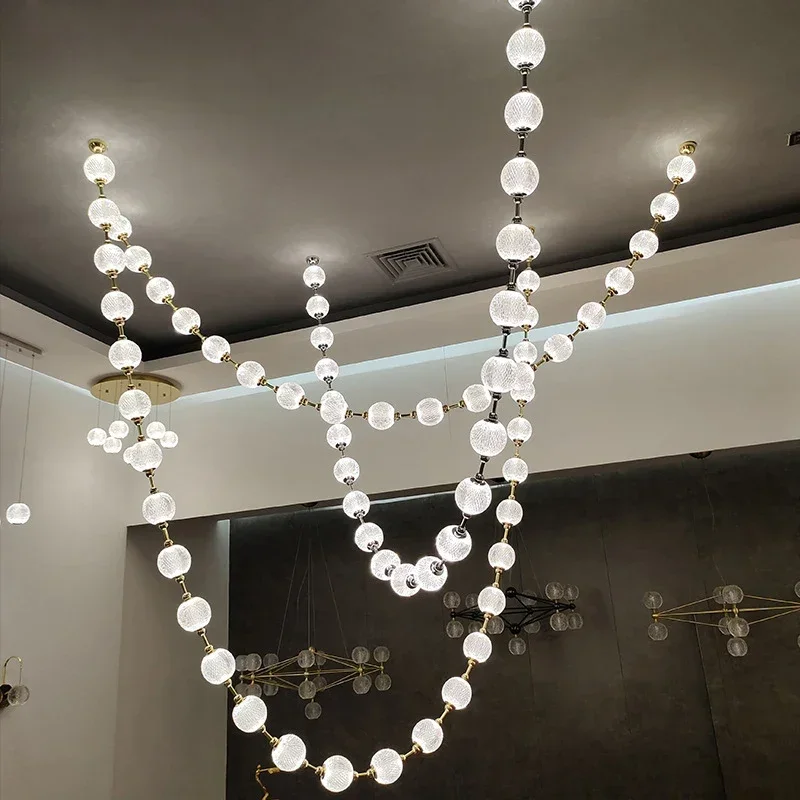 French fashion pearl necklace design LED pendant light with adjustable brightness glass ball staircase hanging lighting fixture