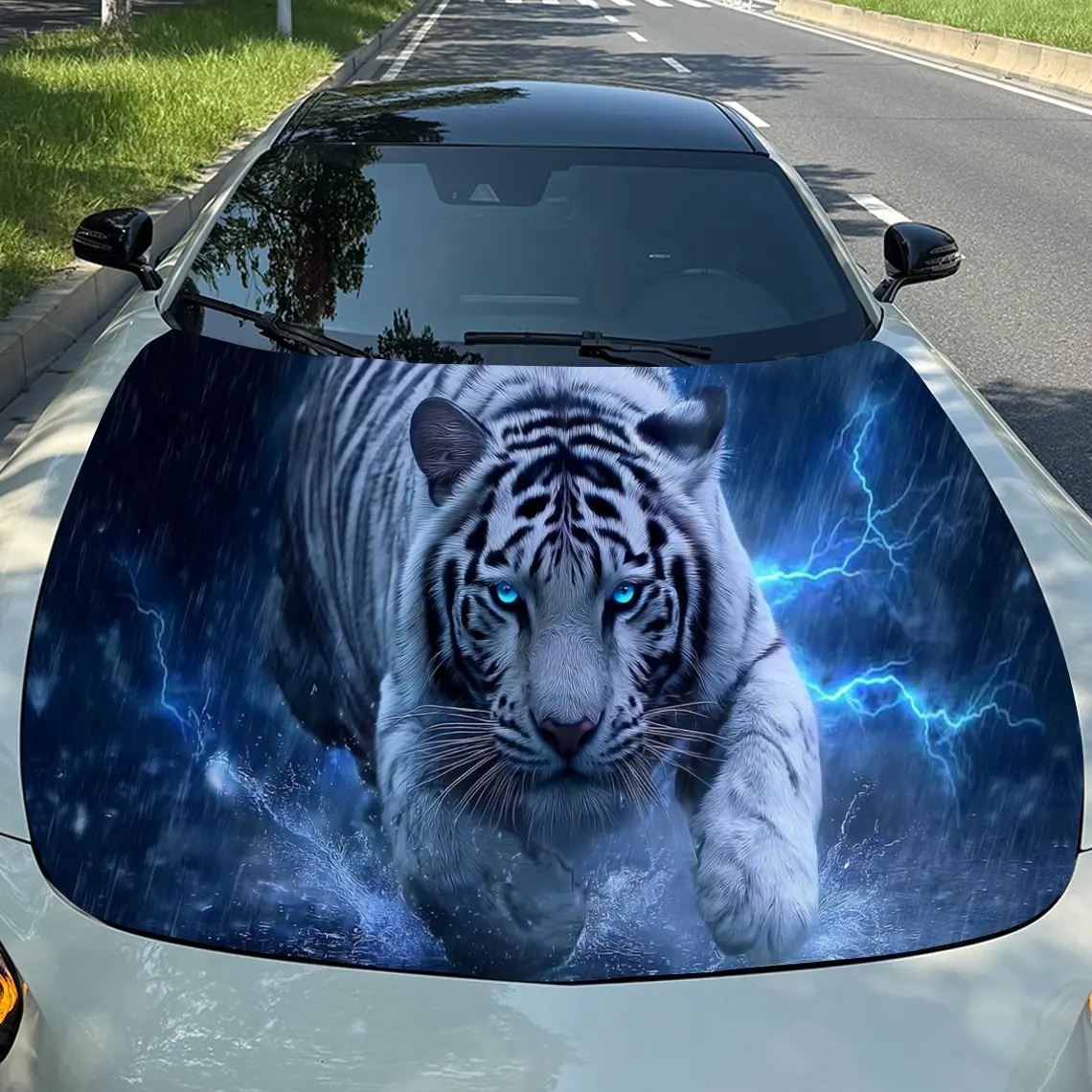 Electric White Tiger in Thunderstorm Night Dash Car Vinyl Wrap, PVC Material Waterproof Car Hood Sticker, Self-Adhesive Scratch-