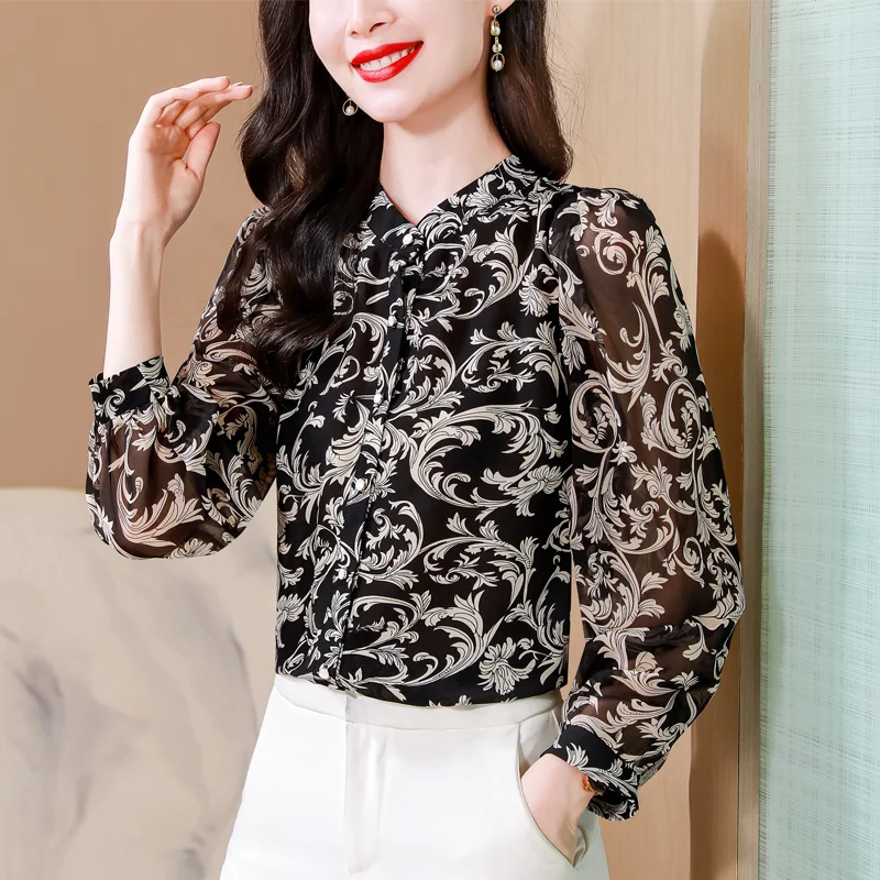 2024 Spring New Fashion Floral Chiffon Temperament Patchwork Half Height Collar Long Sleeve Blouse Printing Loose Elegant Tops