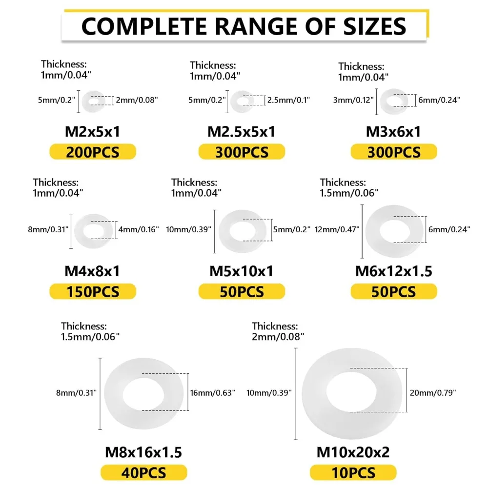 1200 قطعة غسالات بلاستيكية بيضاء مجموعة النايلون غسالات مسطحة ل مسامير البراغي M2 M2.5 M3 M4 M5 M6 M8 M10 السحابات عدة لحوض المقابس
