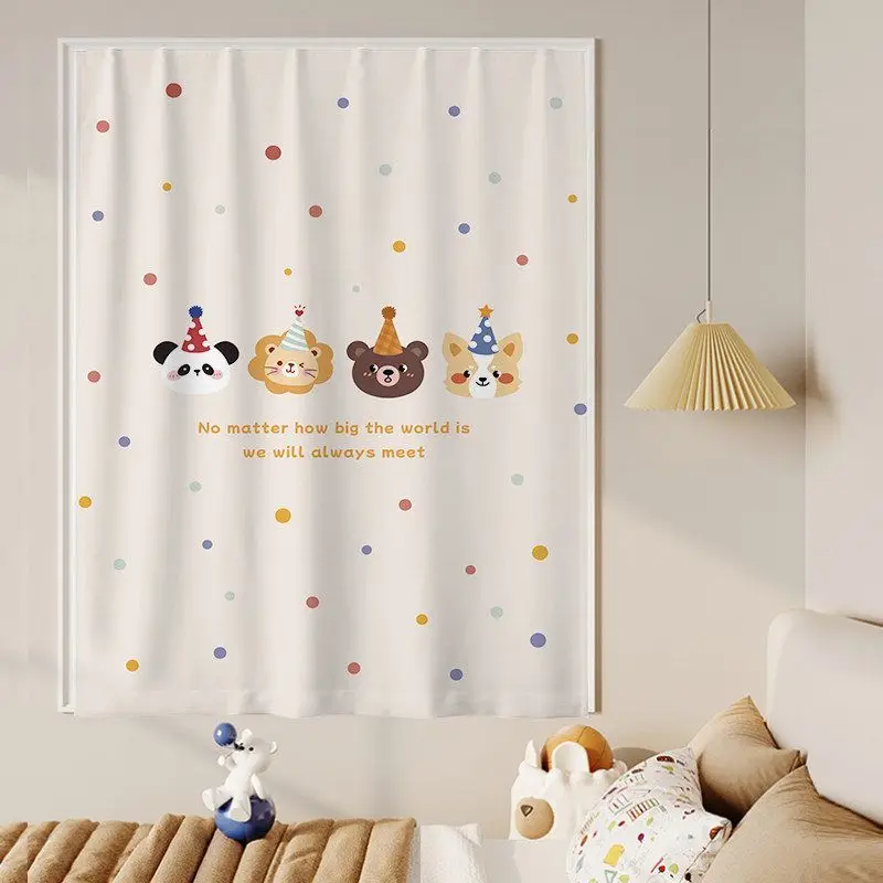 VIKAMA Kids Window Curtain Cute Cartoon Animal Party Hat Dot Print for Nursery Boys Girls Room Hanging Drape Home Decor