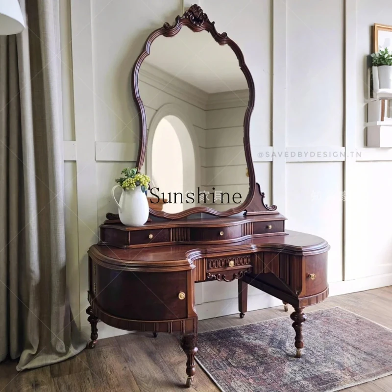 

French retro solid wood carving flower dresser small apartment bedroom home with makeup mirror