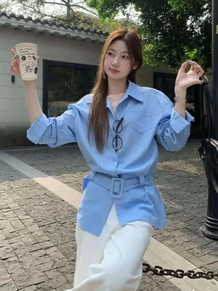 مكتب سيدة بلوزة بيضاء 2025 الملابس النسائية kamas De Mujer رفض طوق قمصان طويلة الأكمام خمر الخريف حزام البلوزات