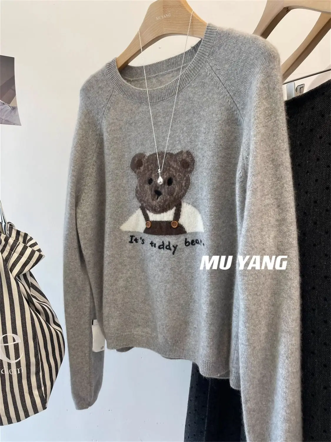 Korejpaa Sweet Cartoon Bear Jacquard Sweater Kawaii Clothes Korean Fashion Round Neck Pullover Top Gentle Casual Pull Femme