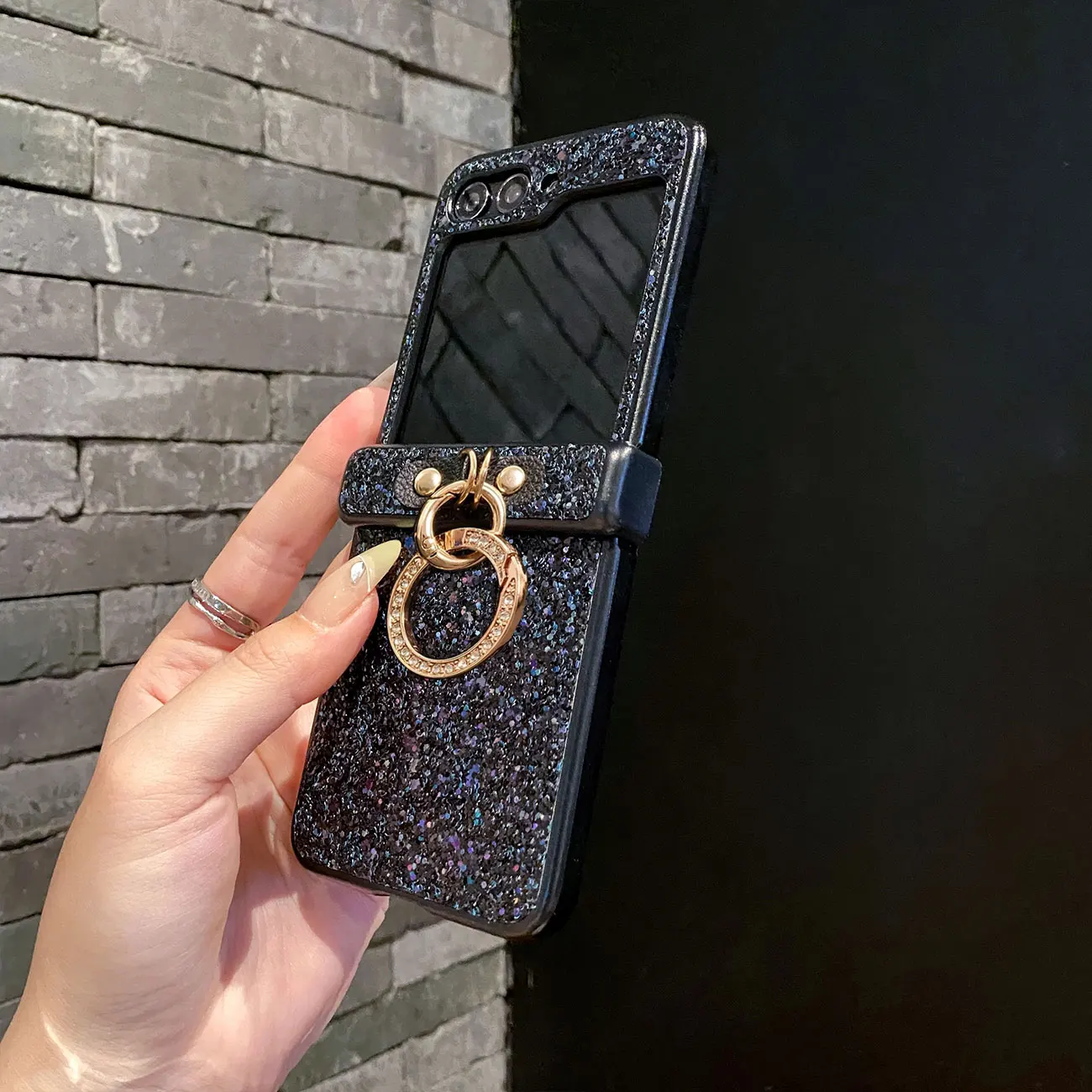 حافظة فاخرة لامعة من حجر الراين الماسي اللامع بإبزيم على شكل حلقة لهاتف سامسونج جالاكسي Z Flip 7 6 5 4 3 غطاء خلفي واقٍ من 3 قطع #3