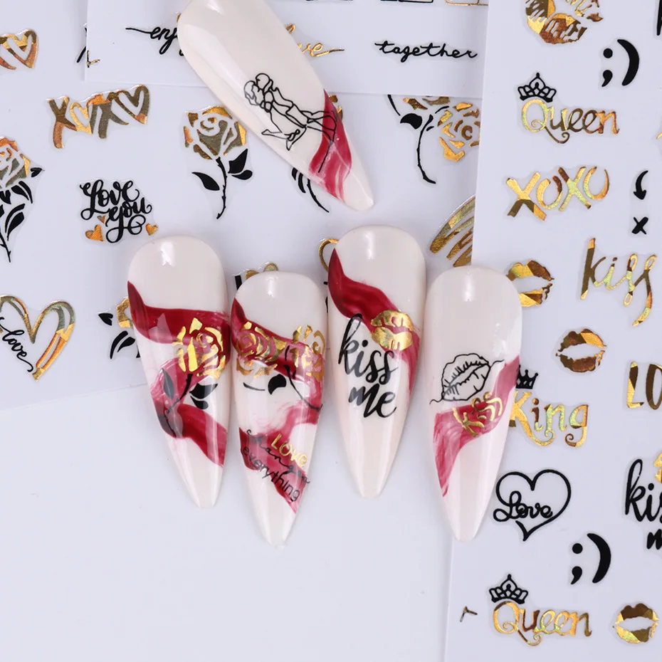 1PCS Black Gold Love Heart Letters 3D Nail Stickers Valentine\'s Day Nail Art Decoration Cartoon Bear Cupid Stickers For Nails