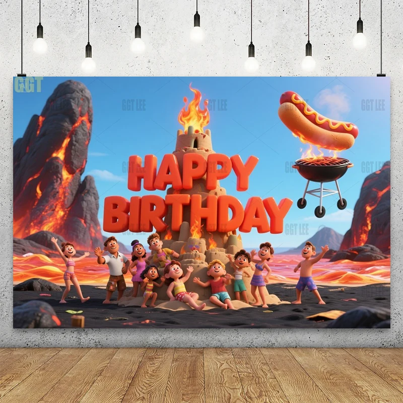 

MINISO Heart's Flame Lava Beach Party Backdrop Animated Volcanic Seaside Photography Banner Decor Happy Birthday Party Custom