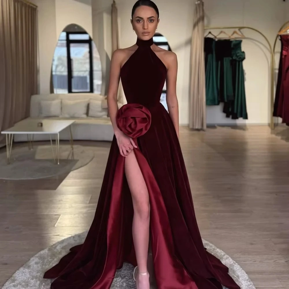 

Современное бордовое вечернее платье с лямкой на шее, бархатное платье без рукавов с открытой спиной и разрезом 3D цветами, платья знаменитостей для выпускного вечера Robe De Soiree